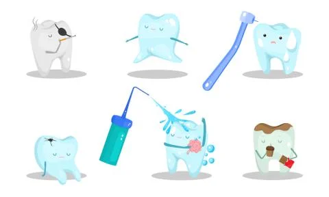 Happy and stressed teeth in different situations vector illustration Stockillustratie