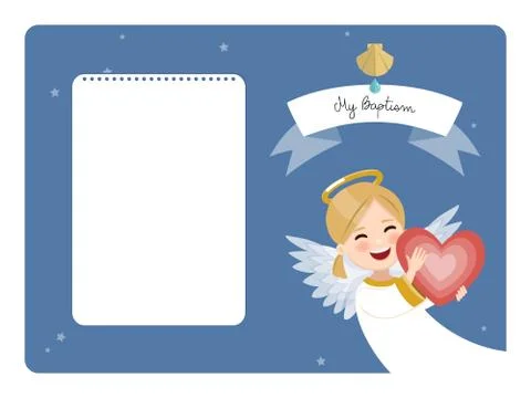 Happy angel with red heart. Baptism horizontal invitation on blue sky and sta Ilustração Stock