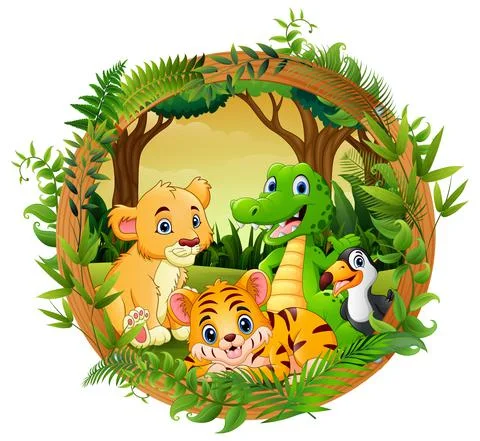 Happy animals in frame forest Stock Illustration