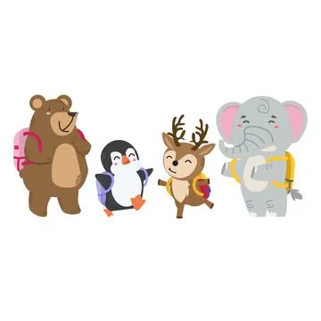 Happy animals  going to school set Stock Illustration