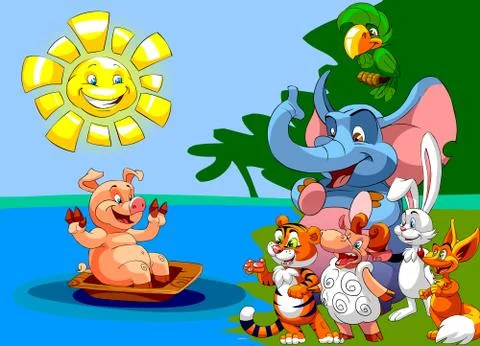 Happy animals looking at the pig bathed in a washtub Stock Illustration