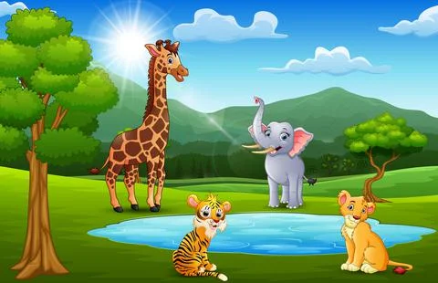 Happy animals playing next to small ponds with mountain scenery Stock Illustration