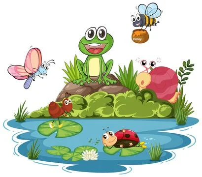 Happy Animals by the Pond Stock Illustration