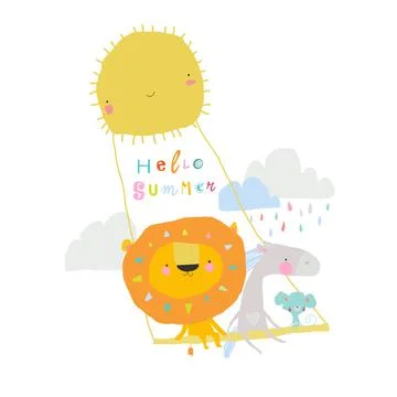 Happy animals swinging swing on rays of sun Stock Illustration