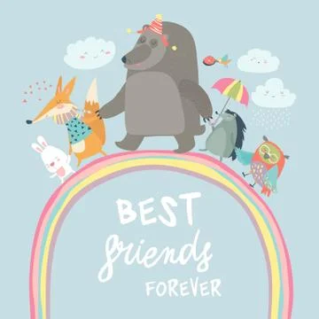 Happy animals walking on rainbow Stock Illustration