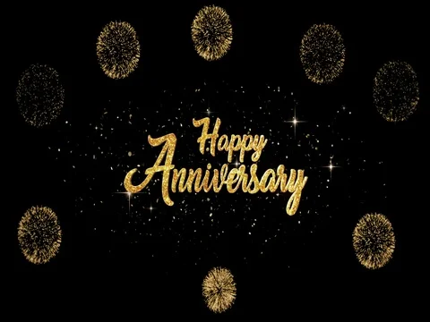 Happy Anniversary golden greeting Text Appearance blinking particles fireworks Stock Footage