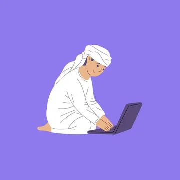 Happy arab boy using laptop, flat vector illustration isolated on purple Illustrazione stock