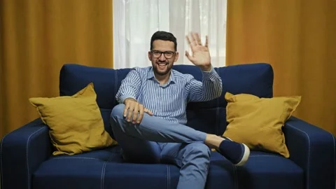 Happy Arab man looking at camera make online video call at home, smiling talking Stock Footage 155798337