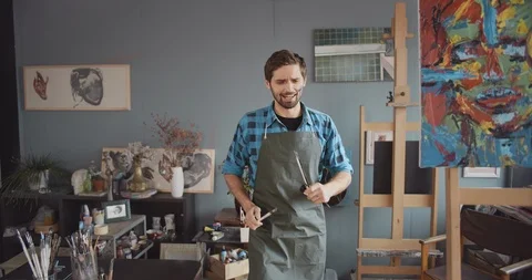 Happy Artist Dancing in Studio Stock Footage 120128552