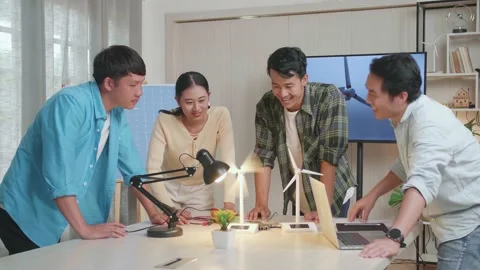 Happy Asian Engineers Group Celebrating Succeed Testing The Wind Turbine Stock Footage 201338530