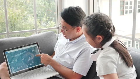 Happy asian studying at home, study online Stock Footage 142006017