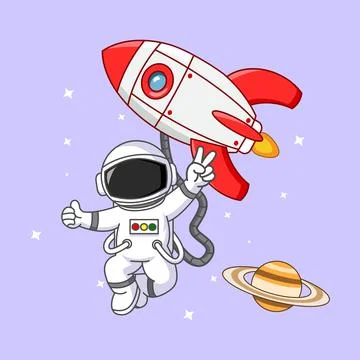 Happy Astronaut Floating in Space with Rocket and Saturn Stock Illustration