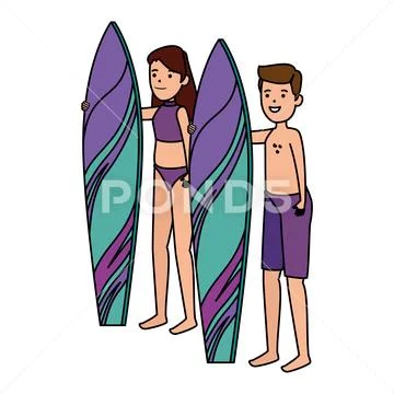 Happy athletic couple practicing surf sport Stock Illustration