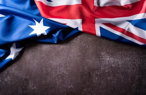 Happy Australia day concept. Australian flag against old stone background. 26 Stock Photos
