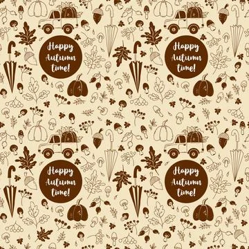 Happy autumn time seamless pattern. Pumpkin truck, umbrella, berries and mush Stock Illustration