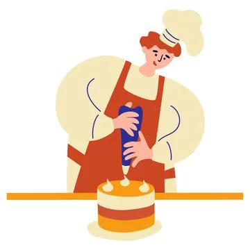 Happy baker confectioner preparing decorating cake. Cooking, decoration, prof Stock Illustration