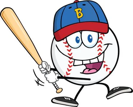 Happy Baseball Ball With Cap Swinging A Baseball Bat Stock Illustration