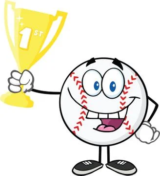 Happy Baseball Ball Holding First Prize Trophy Cup Stock Illustration