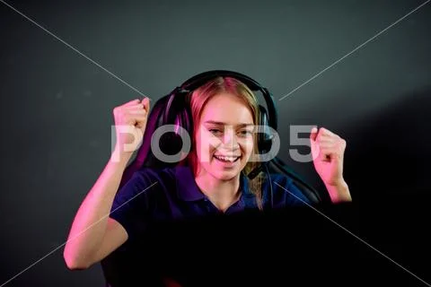 Happy to be winner of video game competition Stock Photos