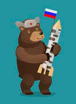 Happy bear holding rocket or nuclear missile in his paws. Russia, Moscow concept Stock Illustration
