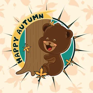 Happy bear hugging a tree Happy autumn image Stock Illustration
