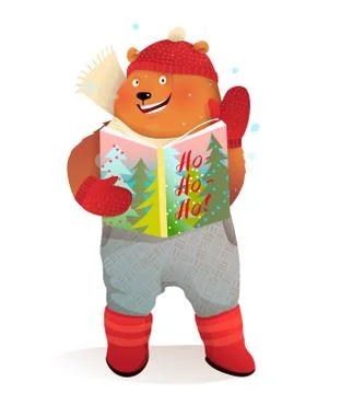 Happy Bear Reading Book in Winter Clothes Stock Illustration