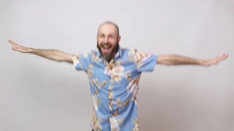 Happy bearded bald man having fun on white background. Joyful lucky tourist Stockbeeldmateriaal 124843958