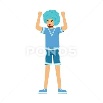 Happy bearded football fan character in blue wig celebrating the victory of his Stock Illustration