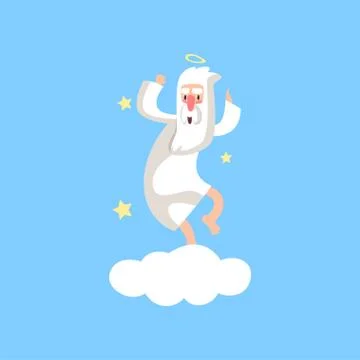 Happy bearded god character having fun. Almighty creator with halo dancing on Stock Illustration