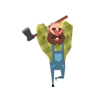 Happy bearded lumberjack working with axe. Cartoon bald man in green checkered Stock Illustration