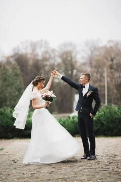 Happy beautiful newlyweds dancing in the park Stock Photos