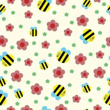 Happy bee and red flowers seamless pattern 스톡 일러스트
