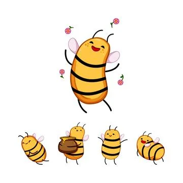 Happy bee character set playing with flower Stock Illustration