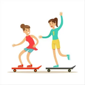 Happy Best Friends Riding Skateboards Together, Part Of Friendship Illustration Stock Illustration
