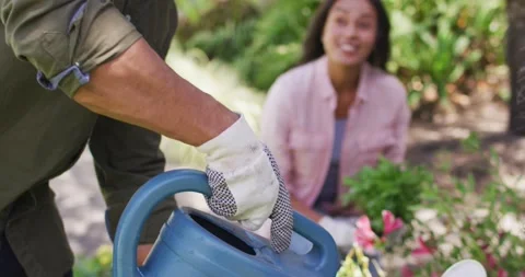 Happy Woman Planting Flowers At Her Backyard Stock Photo