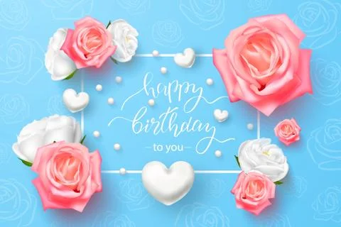 Happy Birthday with 3D flowers, white hearts on a blue background.Vector Stock Illustration