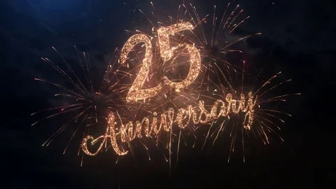 Happy birthday Anniversary 25 years celebration greeting text with fireworks Stock Footage