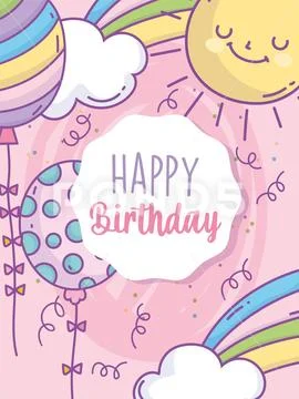 Happy birthday balloons decoration rainbow sun cartoon celebration party Stock Illustration