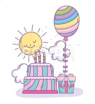 Happy birthday cake rainbow balloon and gift box celebration party Stock Illustration