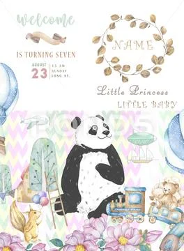 Happy Birthday Card Design With Cute Panda Bear And Boho Flowers And Floral B