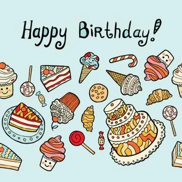 Happy birthday card with sweets on blue background Stock Illustration