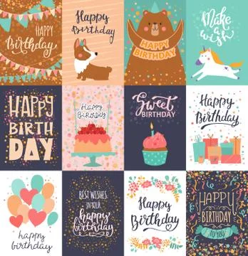 Happy birthday card vector anniversary greeting postcard with lettering and kids Stock Illustration