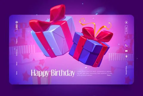 Happy birthday cartoon landing page with gift box Stock Illustration