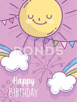 Happy birthday celebration party rainbow sun clouds cartoon greeting card Stock Illustration