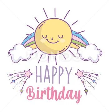 Happy birthday celebration party sun clouds rainbow card Stock Illustrationen