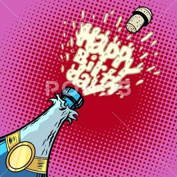 Happy birthday. Champagne bottle opens, foam and cork Stock Illustration