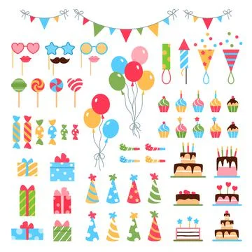 Happy Birthday color flat elements set. Stock Illustration