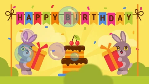 Happy Birthday composition. Two rabbits and cake. Option one. Greeting vide.. Stock Footage 243604766