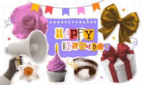 Happy birthday concept collage elements set with female hand holding loudspeaker Stock Illustration