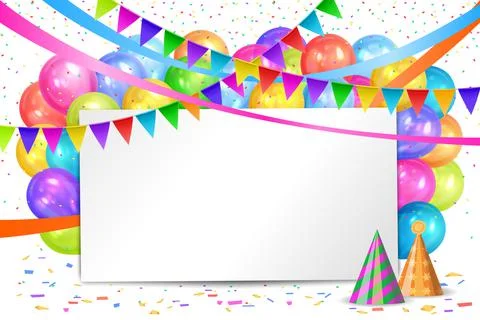 Happy Birthday design. Border of realistic colorful helium balloons, flags Stock Illustration